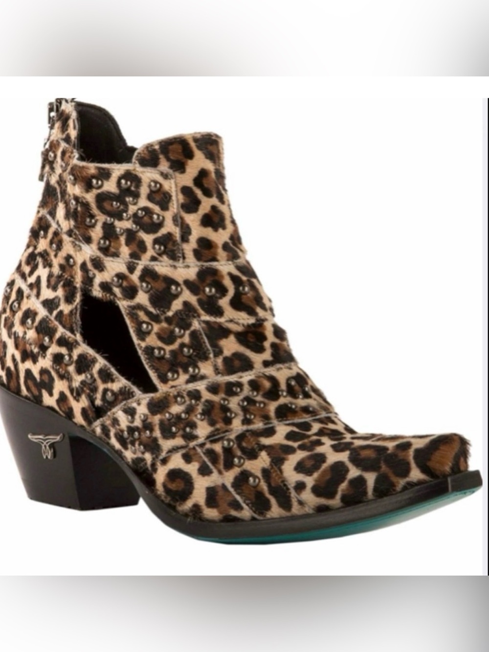 Leopard Print Ankle Booties with Stud Accents - Women's Leopard